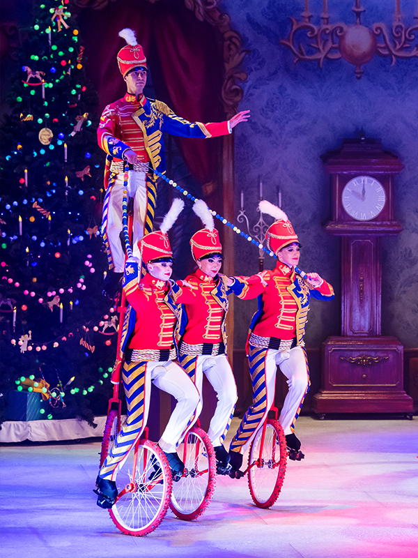 Hussars riding unicicles. The Nutcracker by Moscow circus on ice
